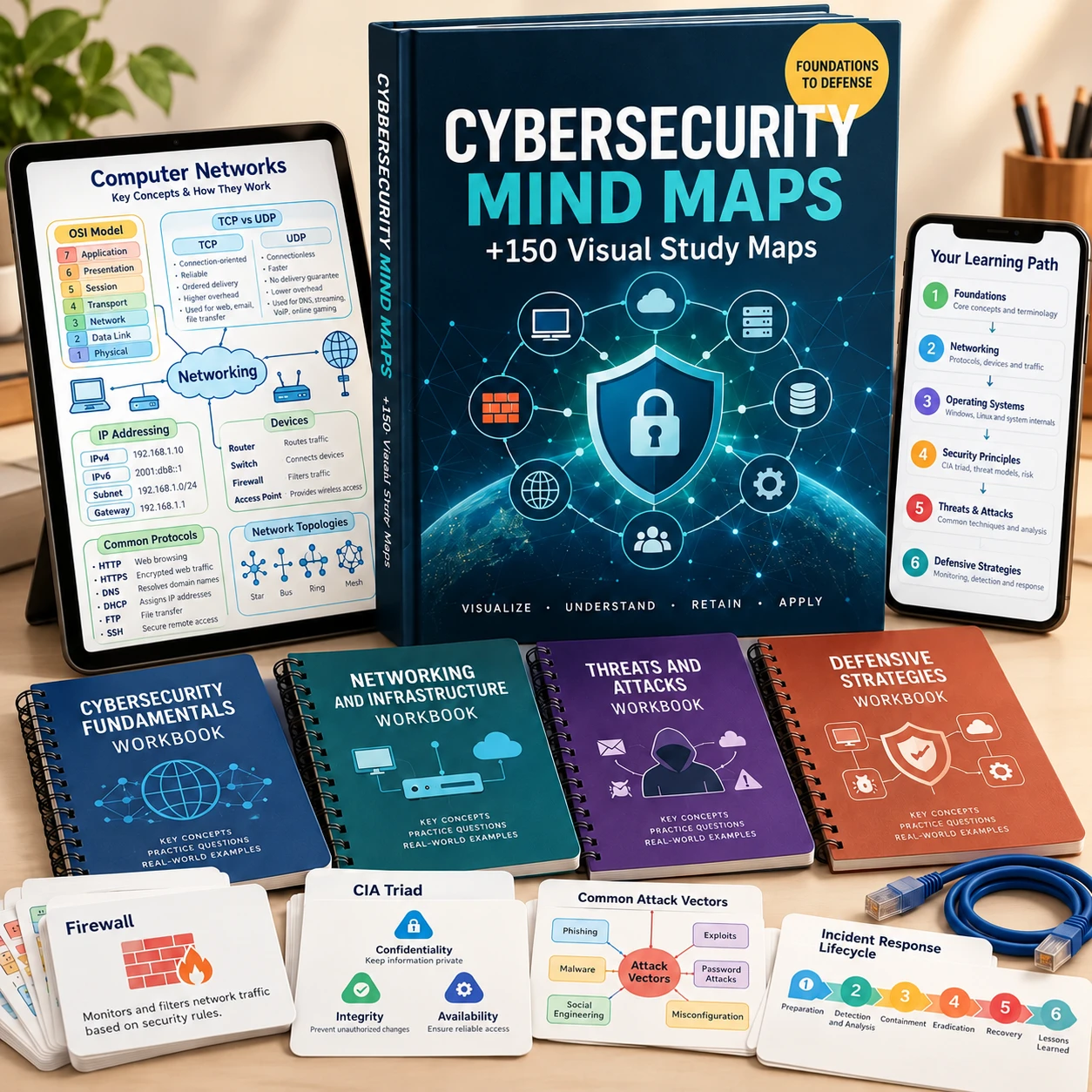 CybersecurityMindMaps illustrated atlas, digital study maps and four bonus workbooks